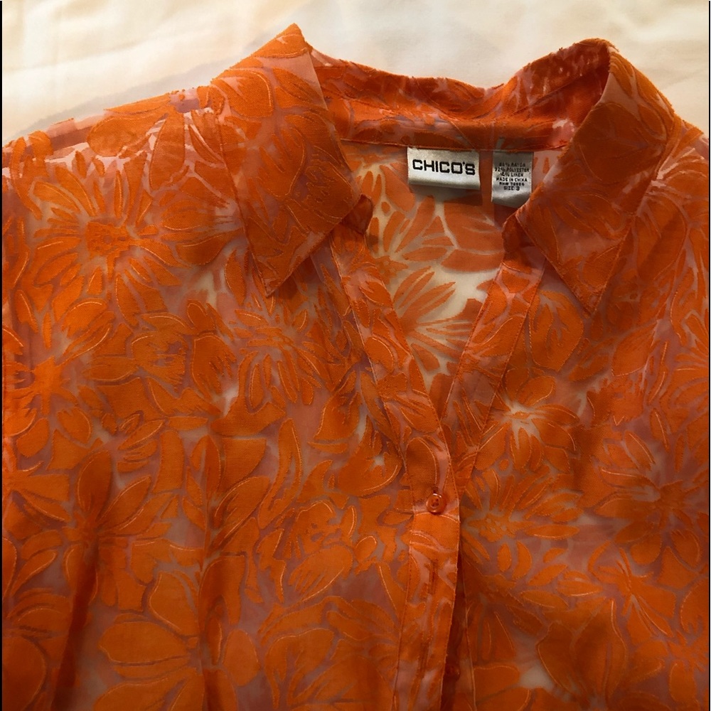 Sheer Orange Floral Button Down